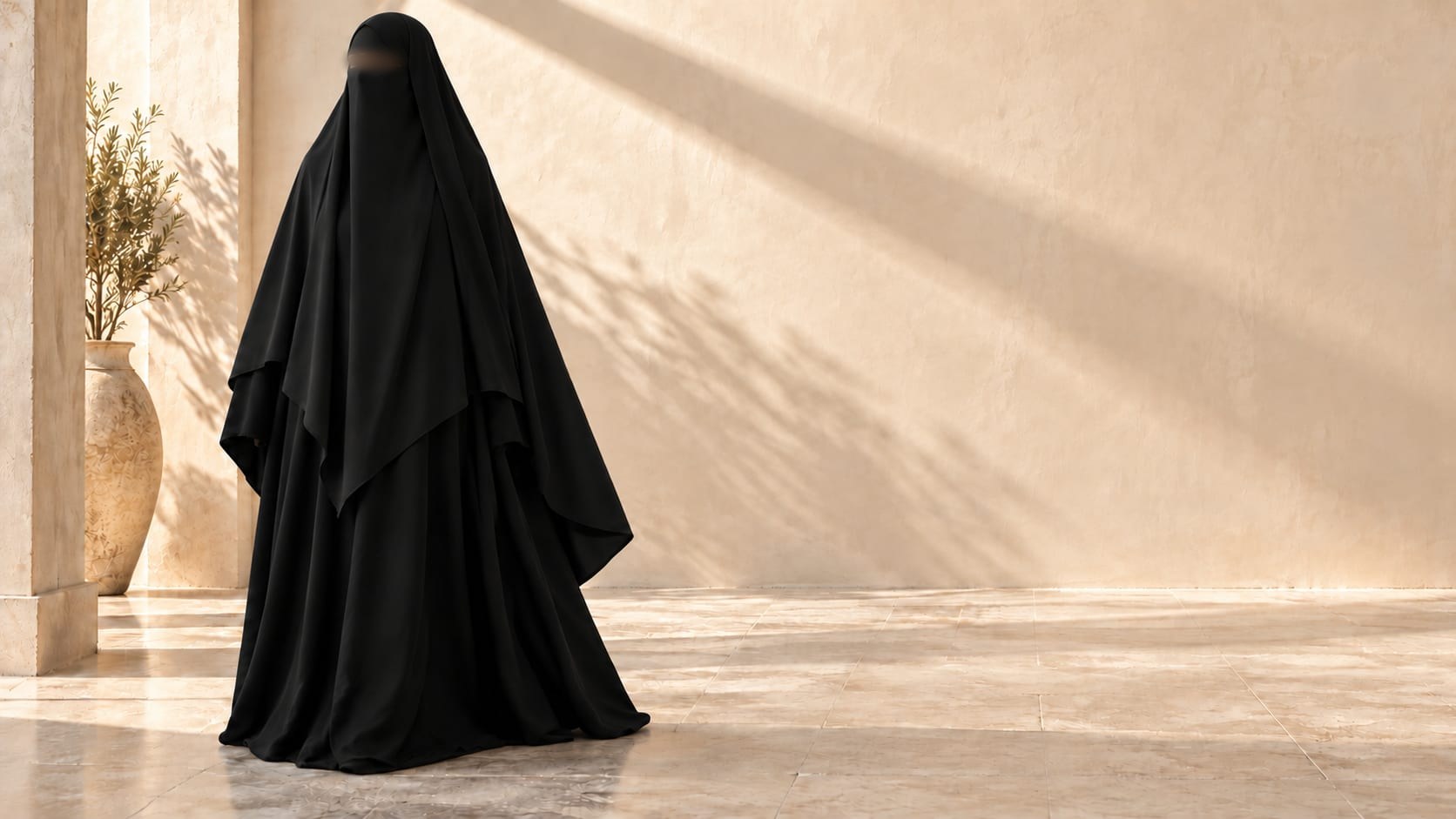 A woman in a full black niqab and a long black khimar over a black abaya, standing in a sunlit stone courtyard