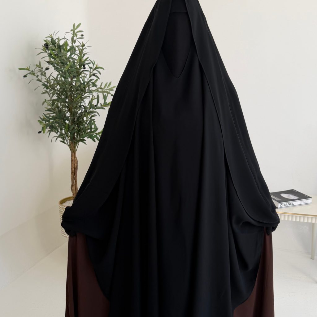 Qashwa Cap Khimar — Nada Fabric, front view, black, Alrawana