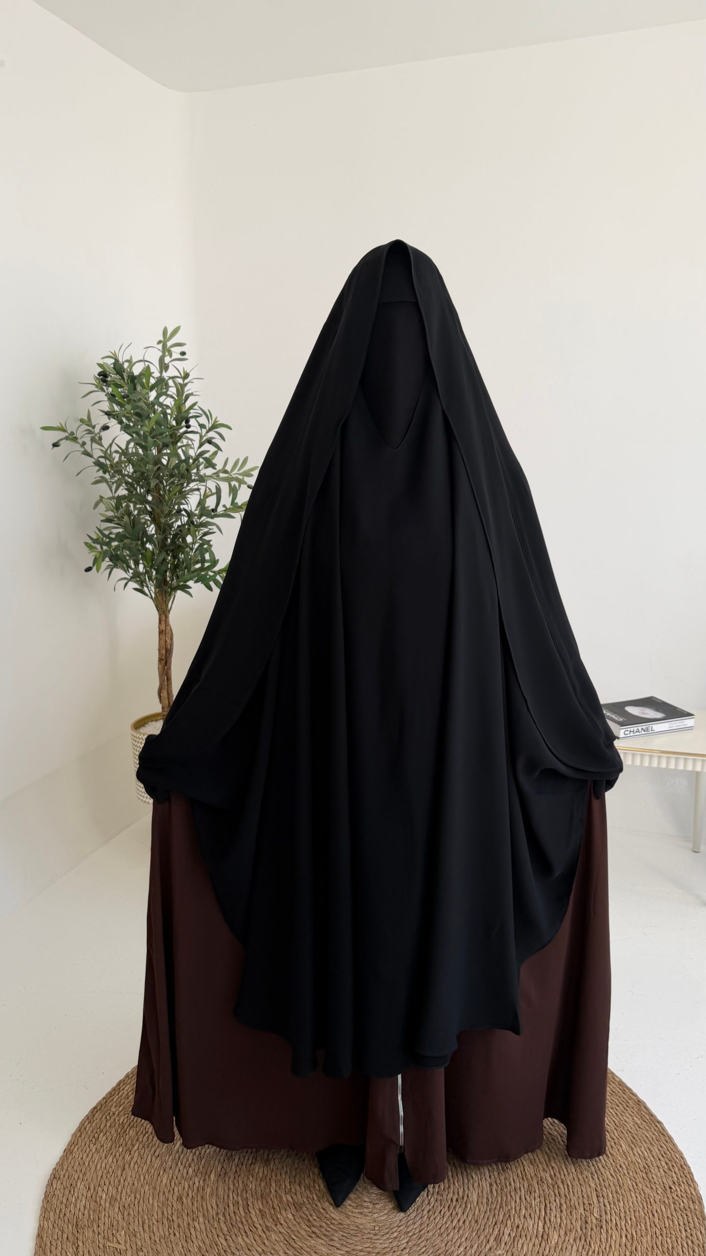 Qashwa Cap Khimar — Nada Fabric, front view, black, Alrawana