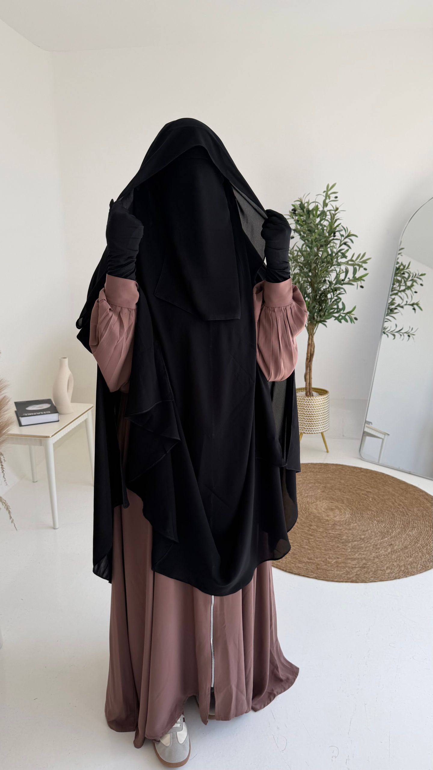 Royal Khimar with Qashwa — Chiffon, front view, black, Alrawana