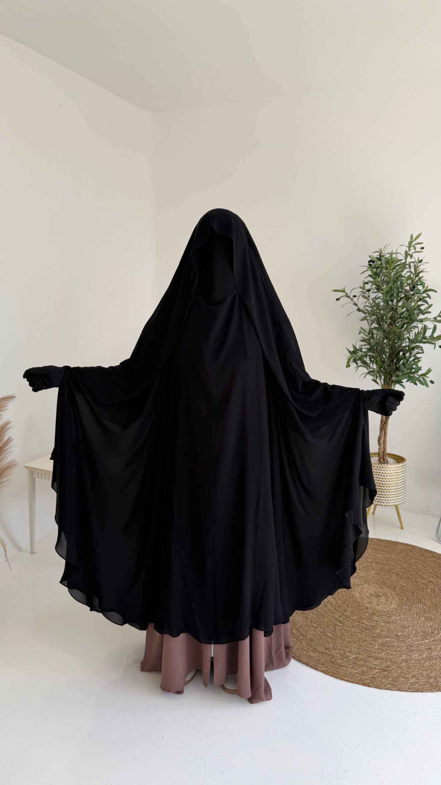 Butterfly Khimar, front view, black, Alrawana