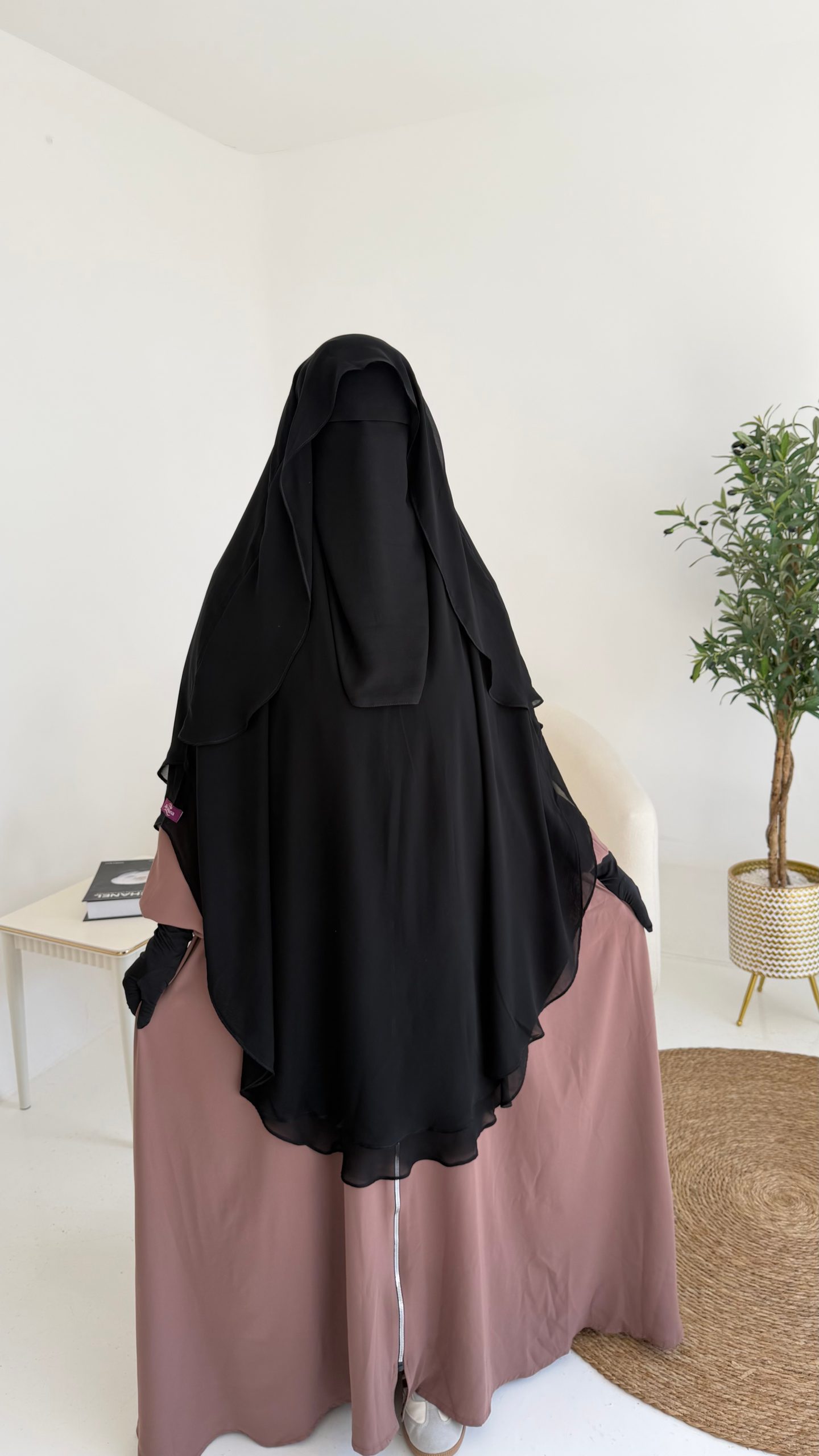 Indonesian Khimar, front view, black, Alrawana