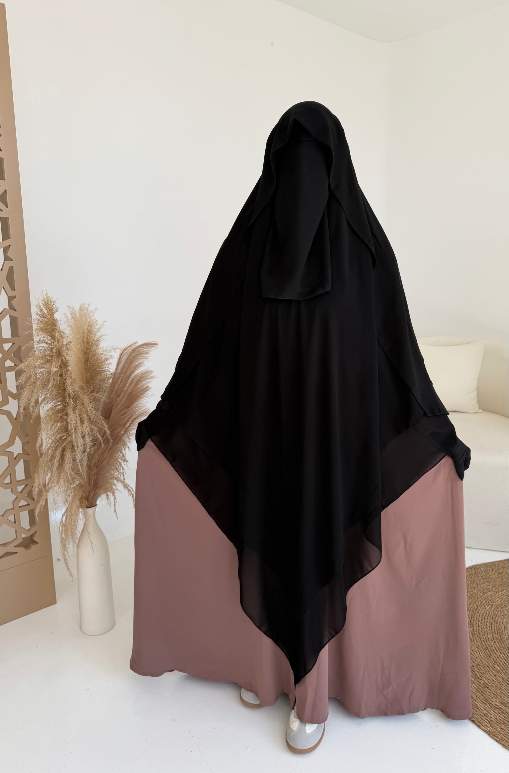 French Khimar with Qashwa, front view, black, Alrawana