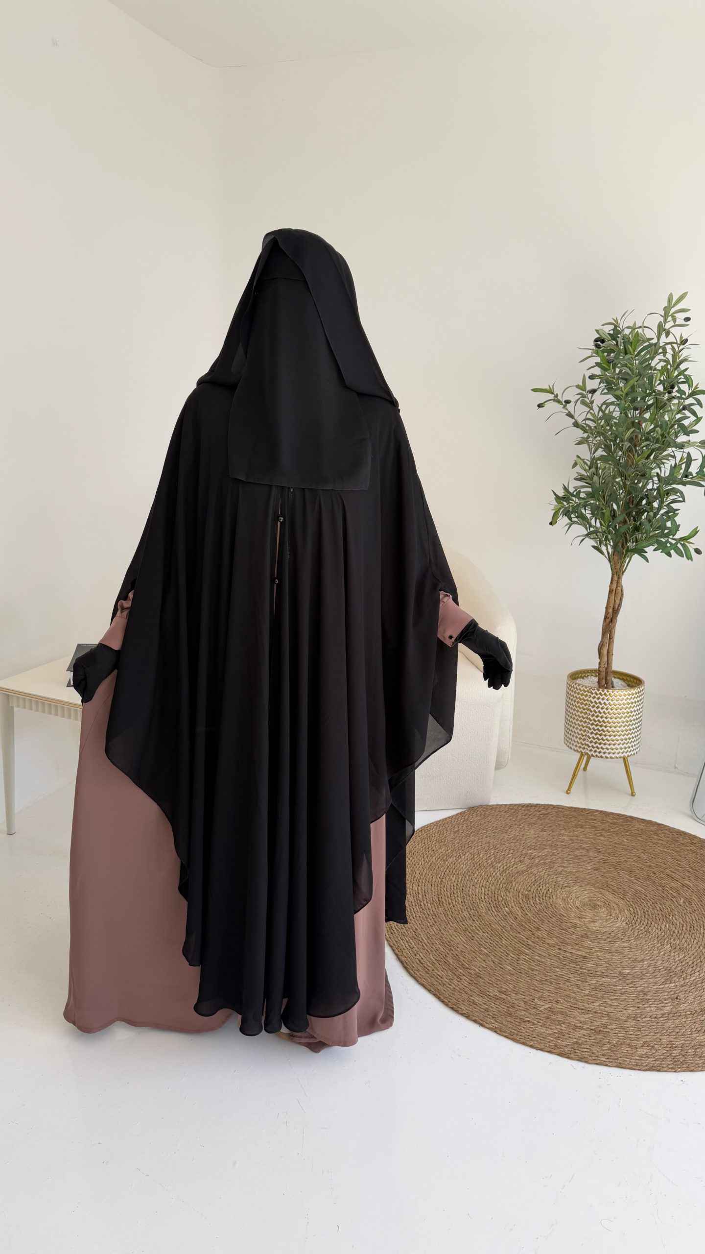 Moroccan Khimar, front view, black, Alrawana
