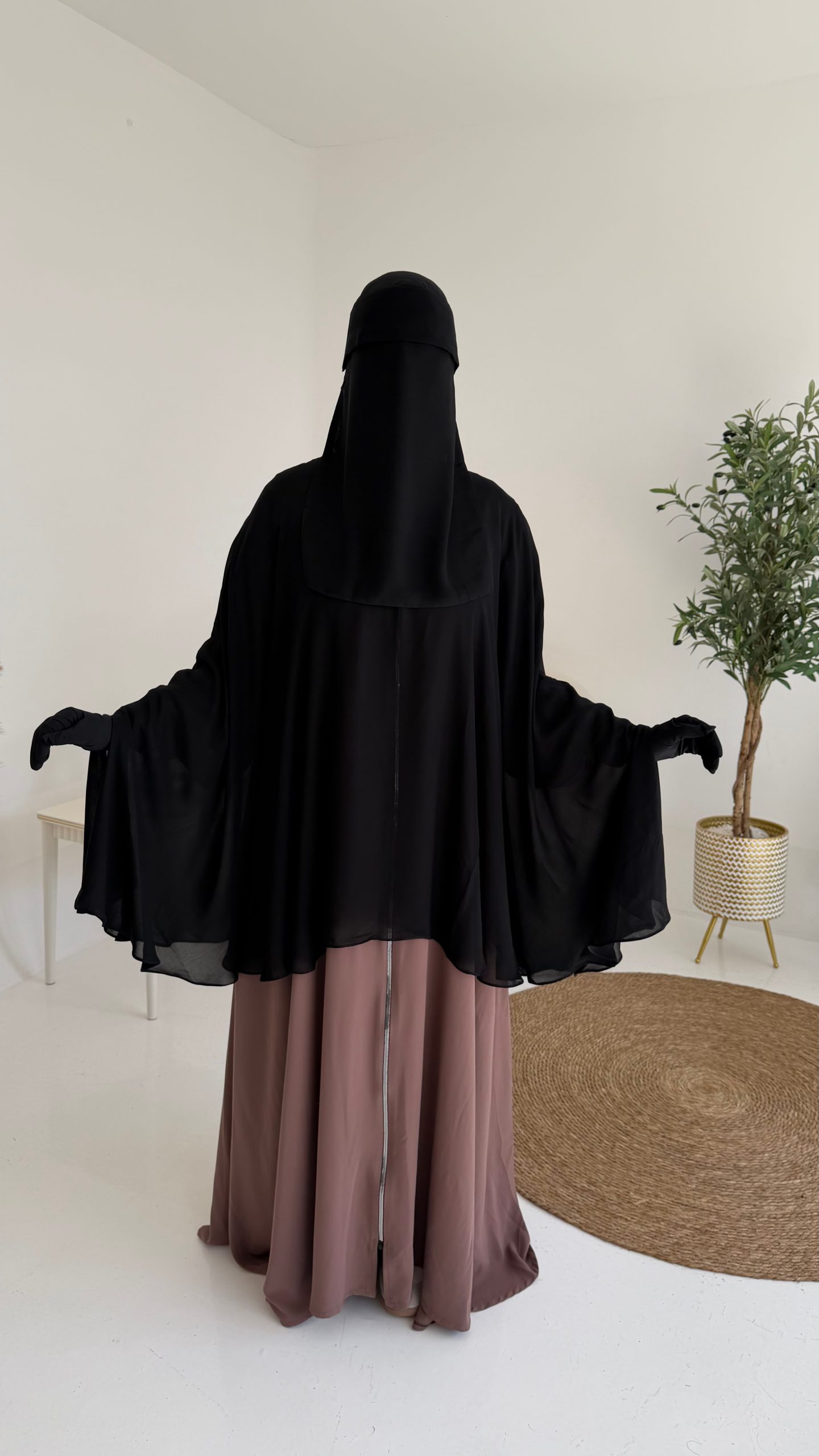 Butterfly Shoulder Cap Khimar, front view, black, Alrawana
